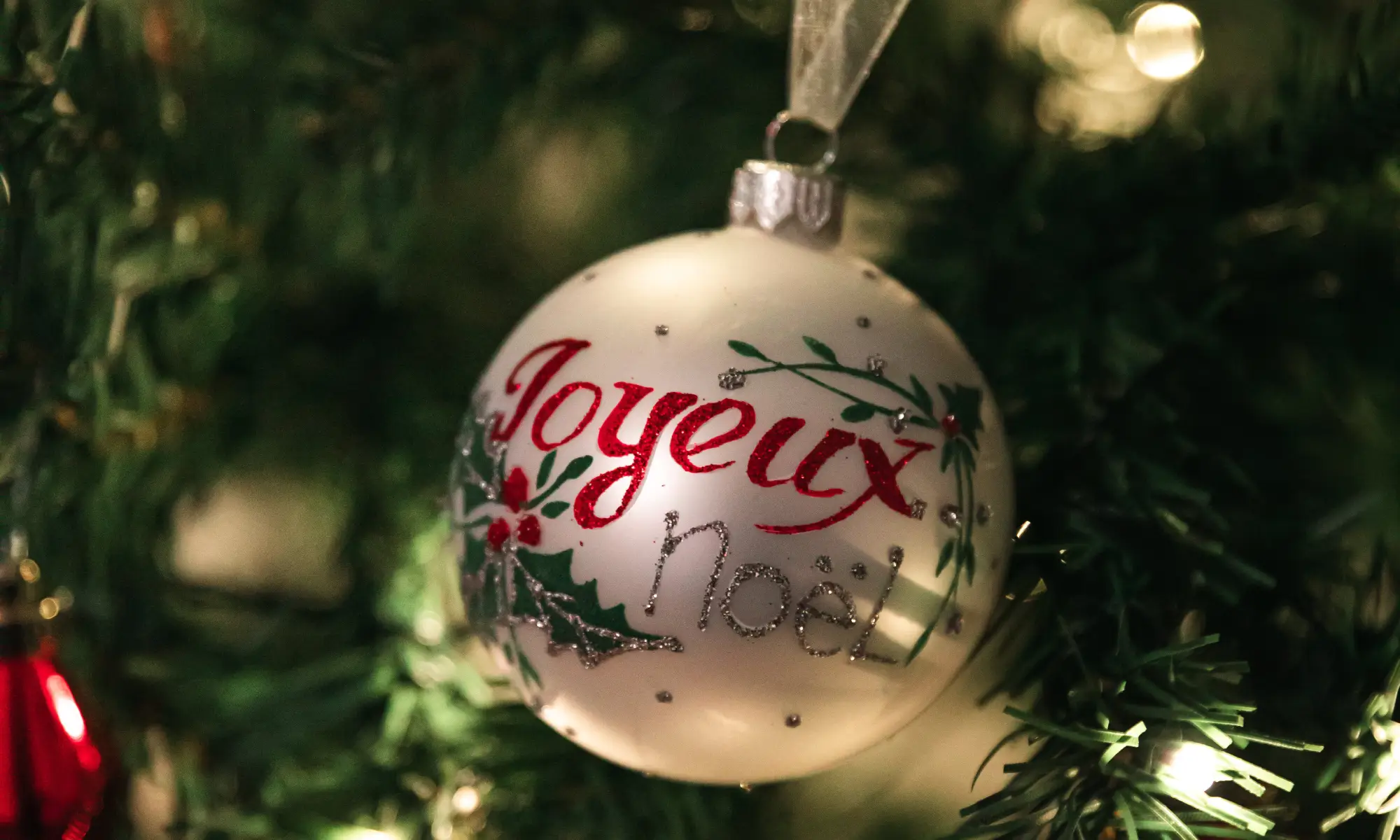 photo bannière : boule Joyeux Noël dans un sapin
